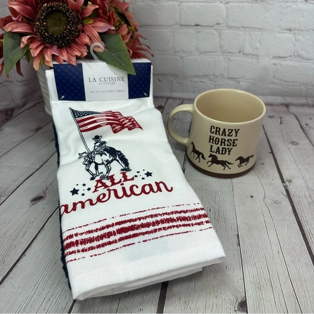 NWT western All American Kitchen Towel Set & 18oz mug Crazy horse lady cowgirl